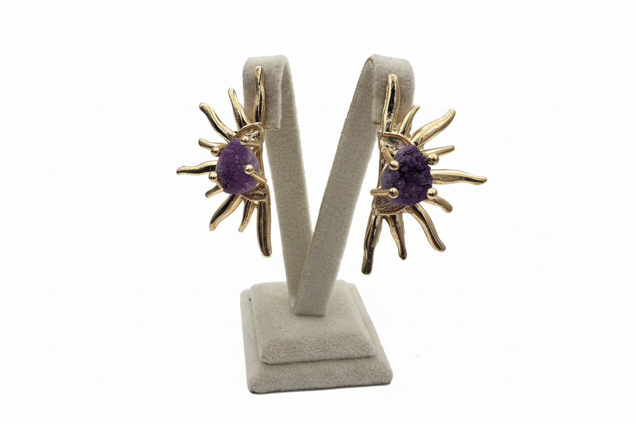 Altın Rengi Mor Taşlı Güneş Küpe