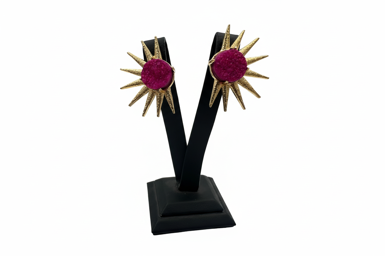 Altın Rengi Pembe Taşlı Güneş Küpe