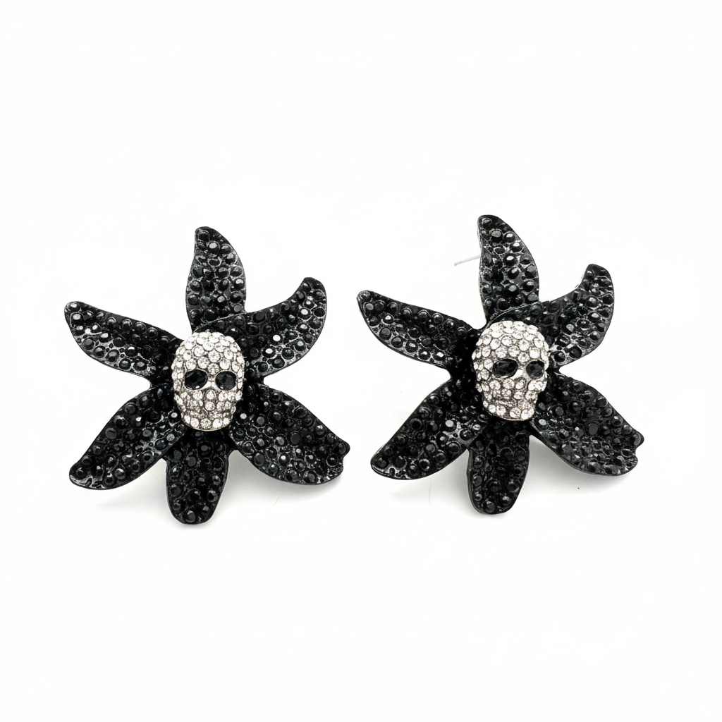 Siyah Çiçek Kurukafa Küpe