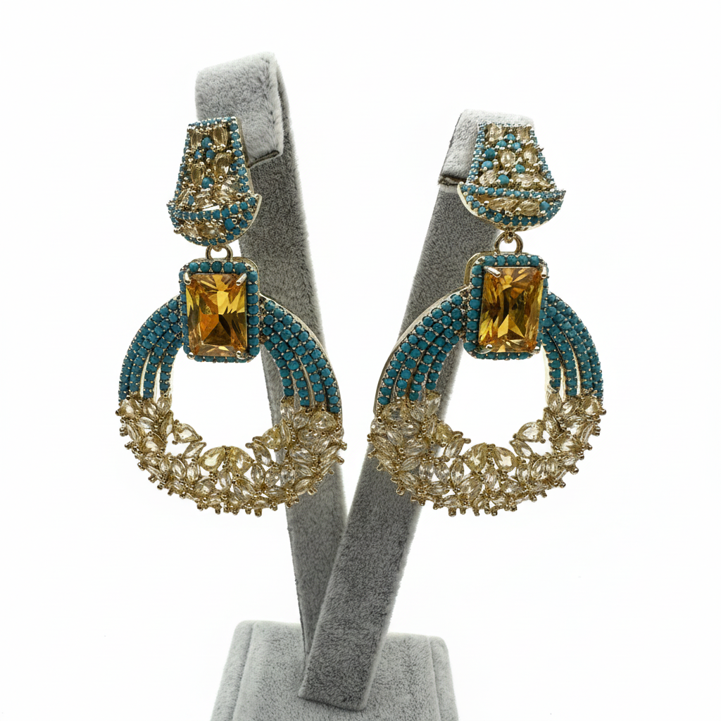 Taşlı Şık Küpe - Turkuaz ve Altın