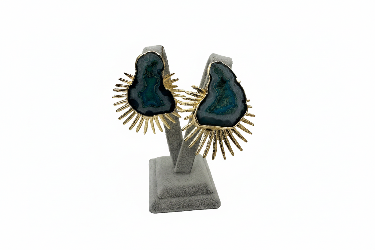 Altın Rengi Turkuaz Taşlı Güneş Küpe