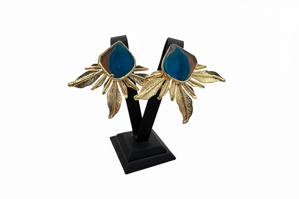 Altın Rengi Mavi Taşlı Tüy Küpe