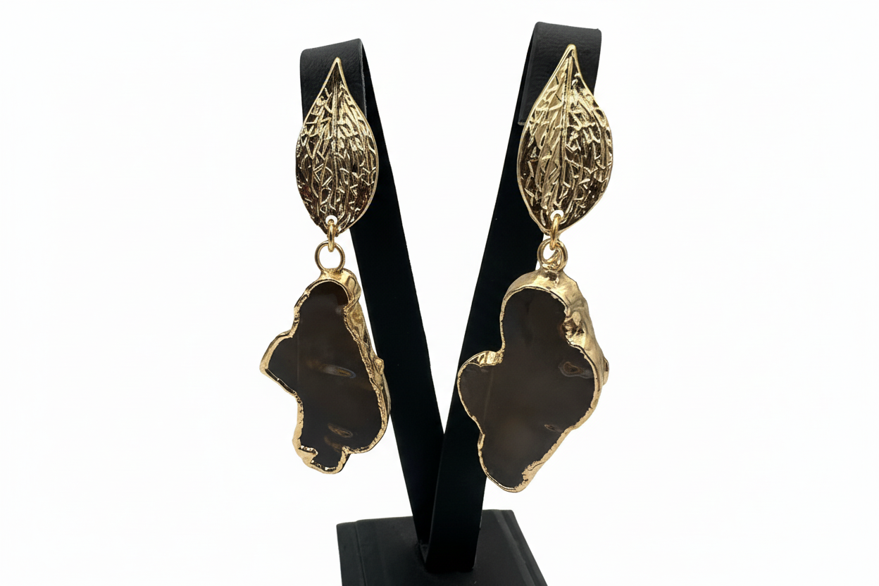 Altın Rengi Telkari Siyah Taşlı Küpe