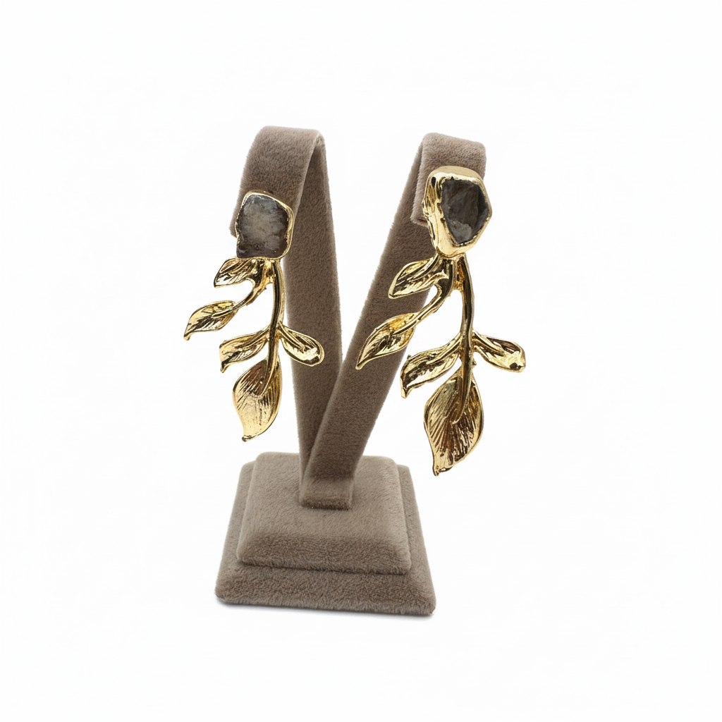 Altın kaplama yaprak dal doğal taş küpe