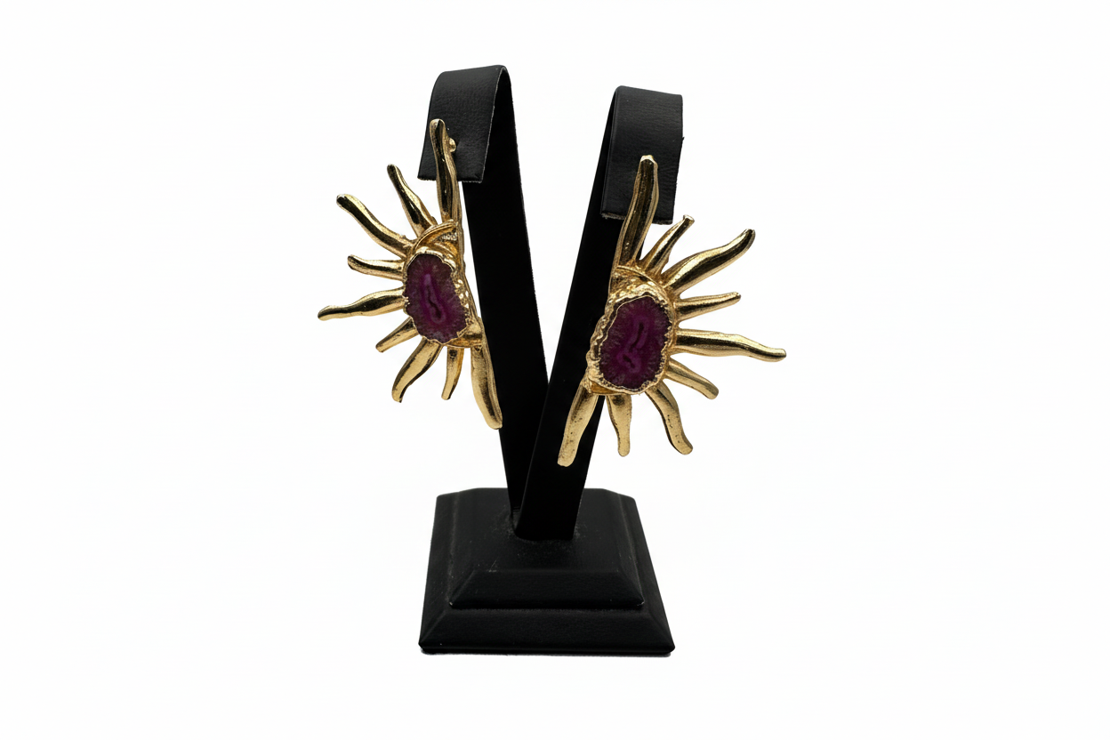 Altın Rengi Mor Taşlı Güneş Halka Küpe