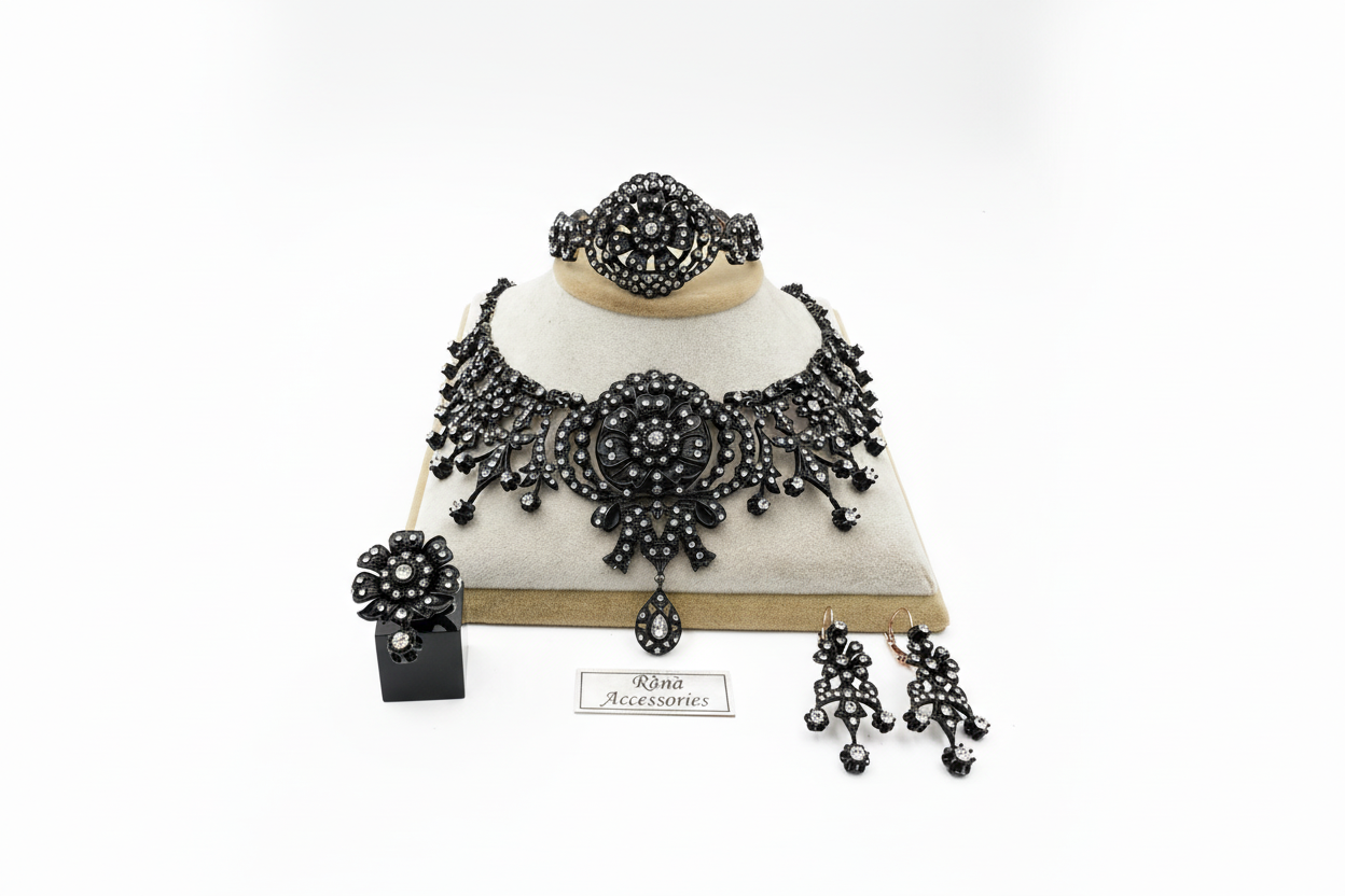 Siyah Detaylı Taşlı Takı Seti - Kolye Bileklik Yüzük Küpe