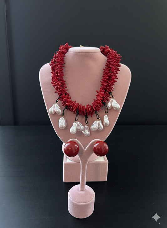 Kırmızı Mercan Kolye ve Küpe Seti