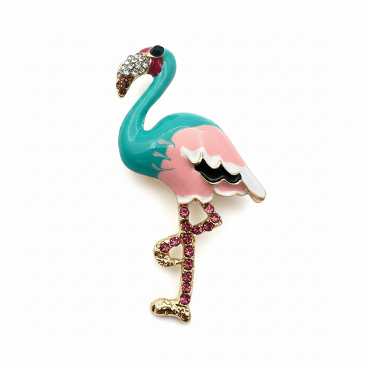 Renkli Flamingo Broş - Emaye ve Kristal Taşlı