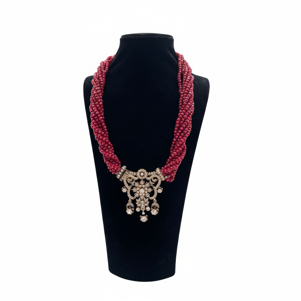 Sarkmalı Uçlu Boncuklu Kolye - Bordo Rengi