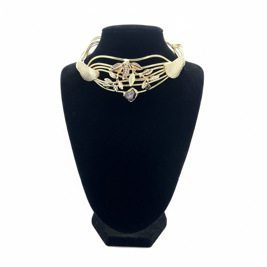 Yaprak ve Doğal Taş Detaylı Altın Kaplama Tasma Kolye