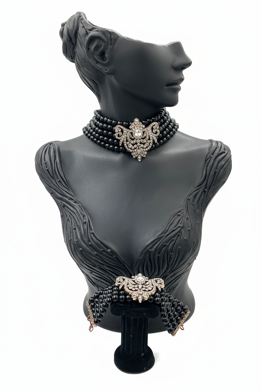 Siyah Cam İnci Bronz Kalp Motifli Chocker ve Bileklik Seti