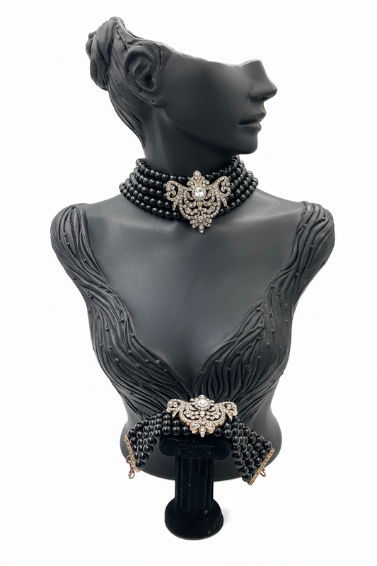 Siyah Cam İnci Bronz Kalp Motifli Chocker ve Bileklik Seti