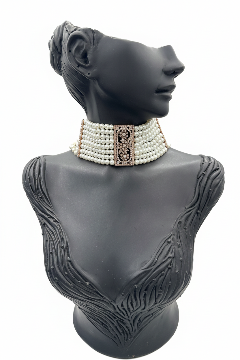 Cam İnci Geniş Bronz Taşlı Chocker