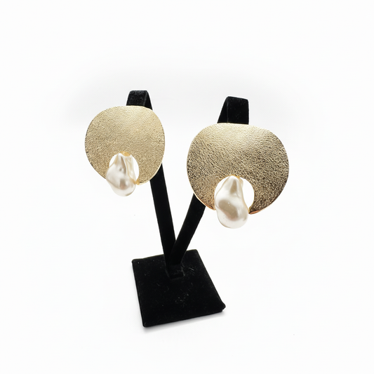 Gold Rengi Disk Barok İnci Küpe