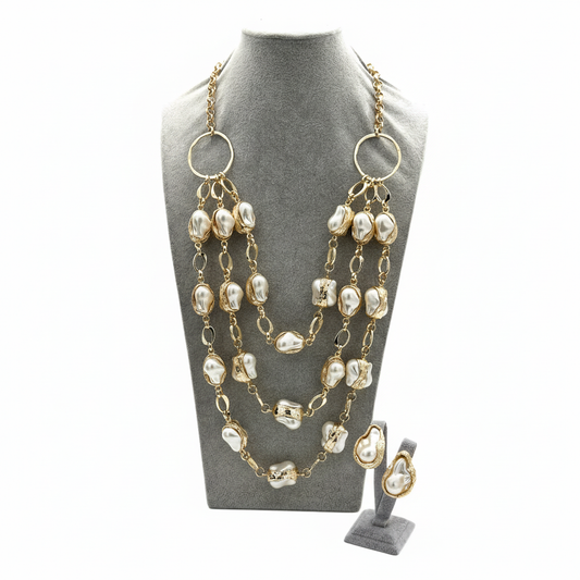 Gold Rengi Yapay İnci Uzun Kolye ve Yüzük Seti