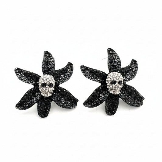 Siyah Çiçek Kurukafa Küpe