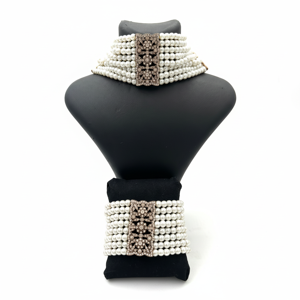 Cam İnci Bronz Parlak Taş Chocker - Beyaz Arka Plan