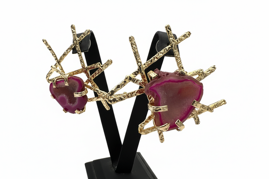 Altın Rengi Pembe Doğal Taşlı Küpe