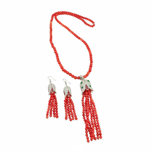 Mercan Rengi Lale Motifli Kolye ve Küpe Seti