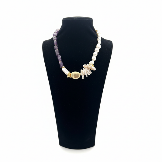 Ametist, İnci, Kuvars ve Altın Rengi Detaylı Kolye