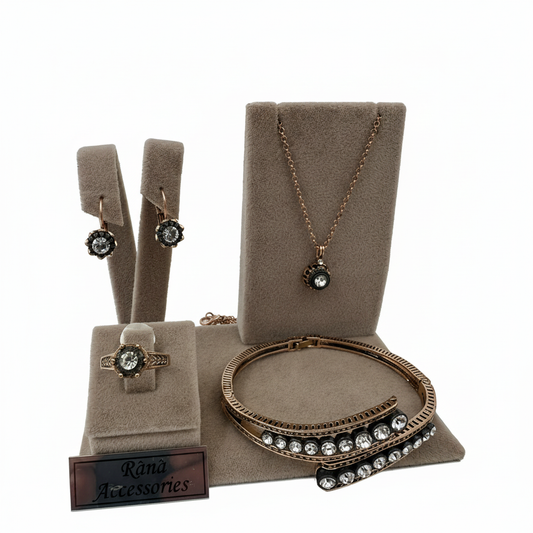 Bronz Çiçek Desenli Takı Seti - Kolye, Küpe, Yüzük ve Bilezik