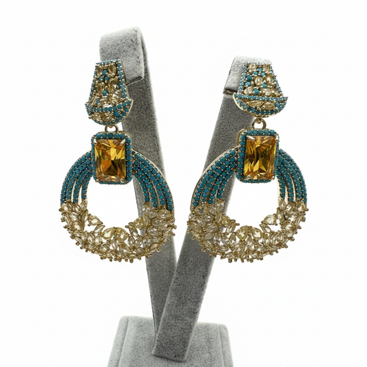 Taşlı Şık Küpe - Turkuaz ve Altın