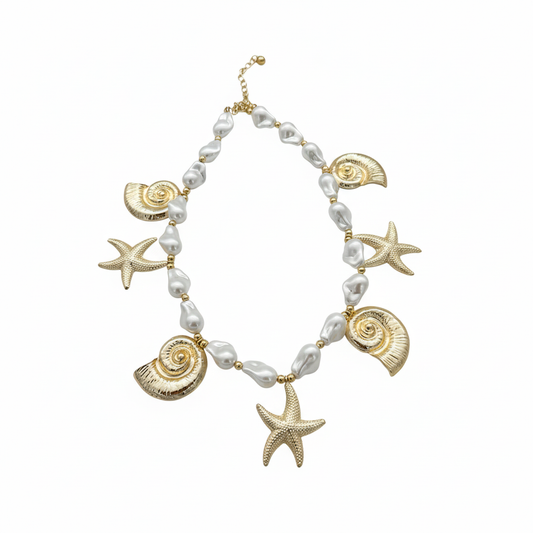 Deniz Yıldızı ve Salyangoz Figürlü İnci Bilezik - Altın Rengi