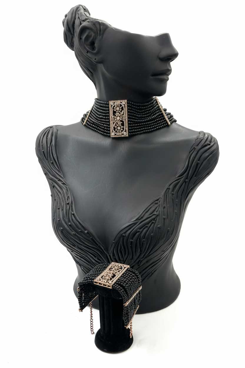 Siyah Boncuk Bronz Taşlı Chocker ve Bileklik Seti