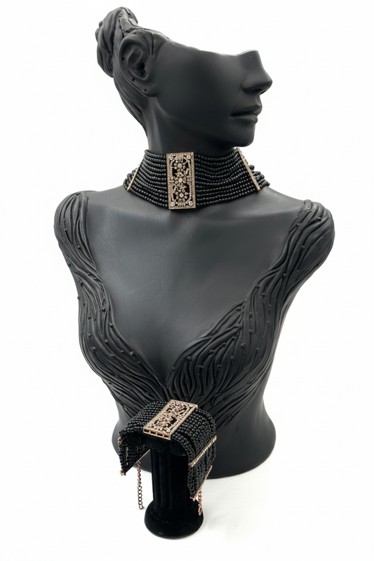 Siyah Boncuk Bronz Taşlı Chocker ve Bileklik Seti