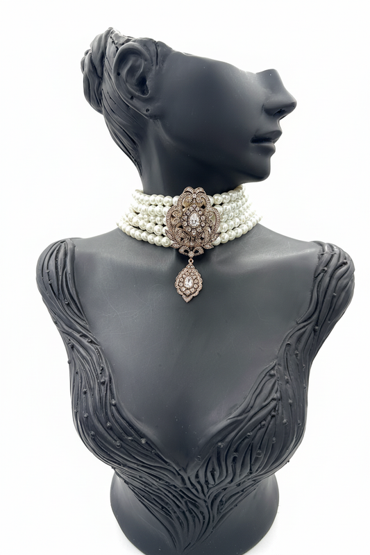 Cam İnci Bronz Taşlı Sallantılı Chocker