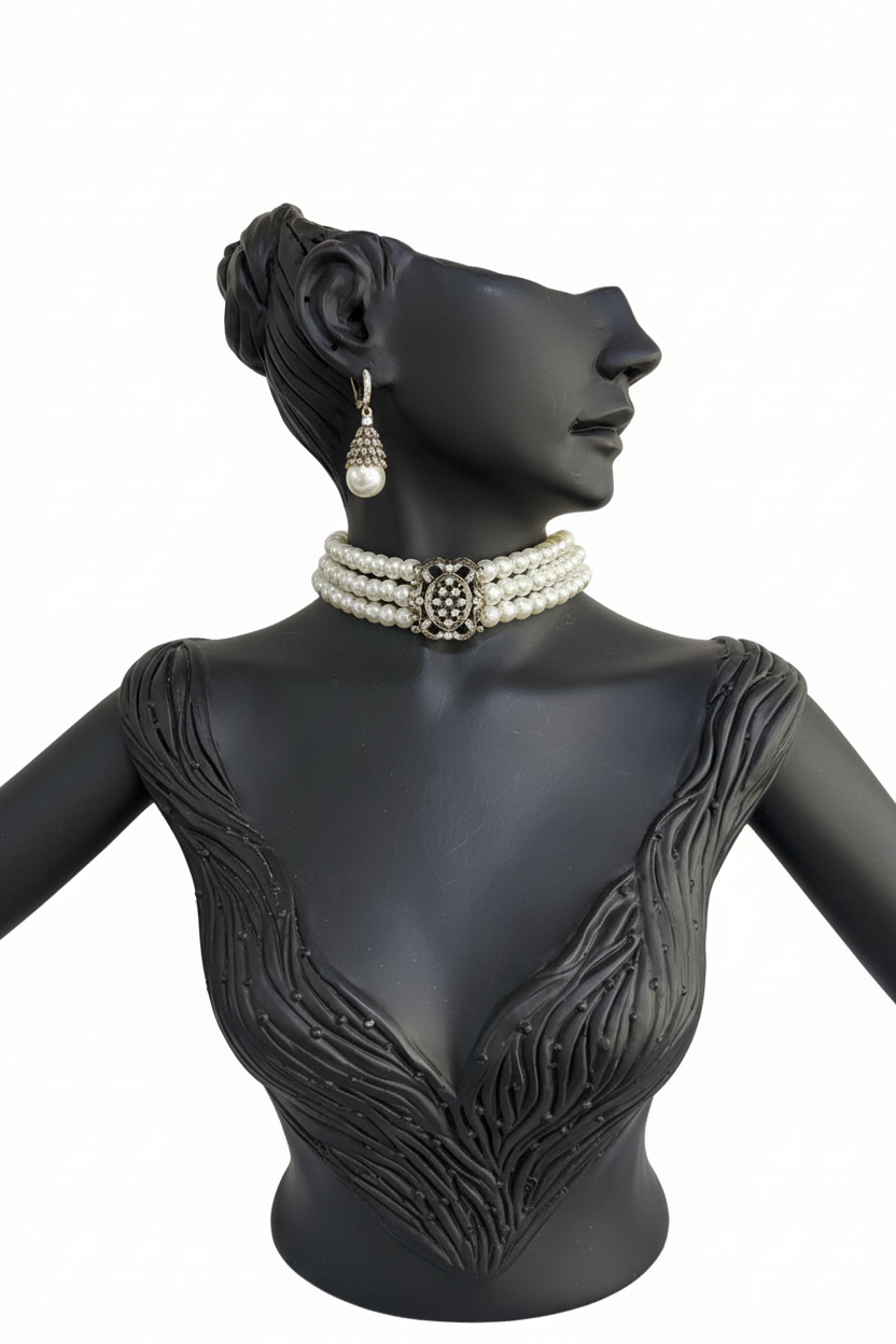 Cam İnci Gümüş Taşlı Chocker ve Küpe Seti