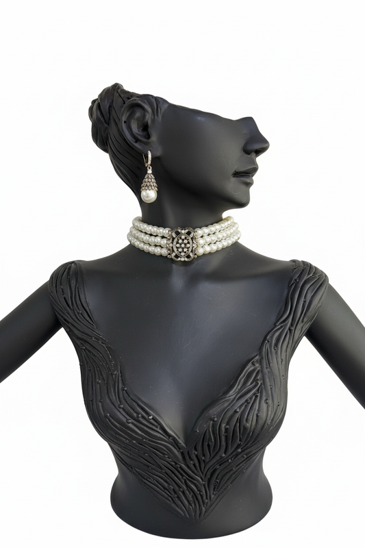 Cam İnci Gümüş Taşlı Chocker ve Küpe Seti