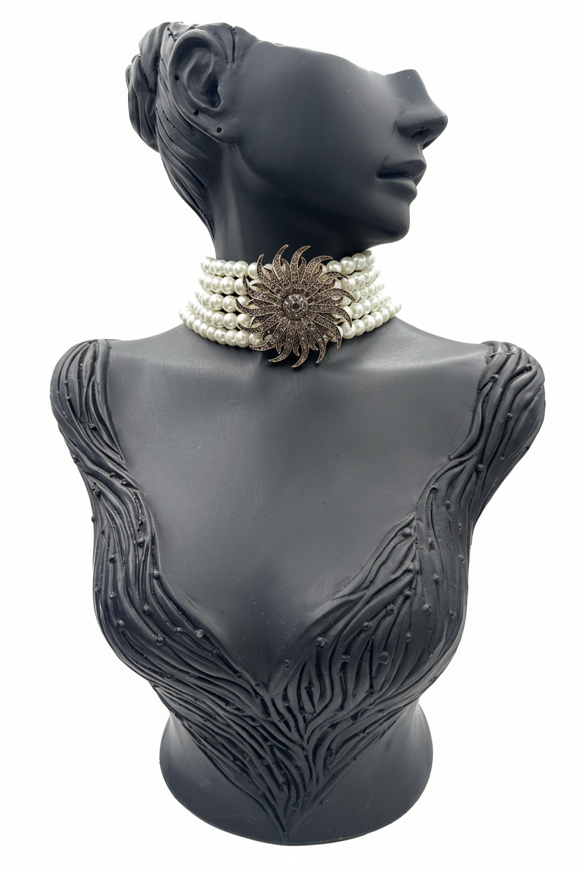 Cam İnci Geniş Bronz Güneş Motifli Chocker