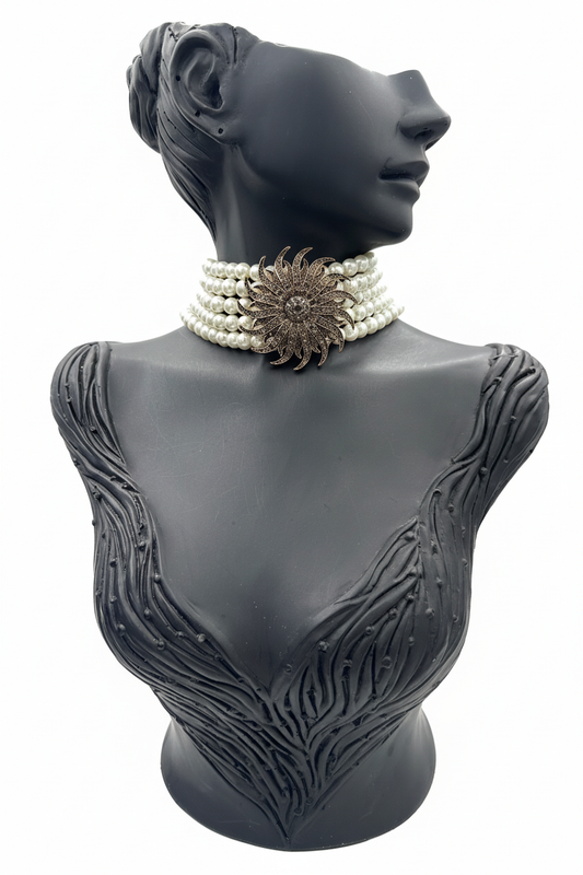 Cam İnci Geniş Bronz Güneş Motifli Chocker