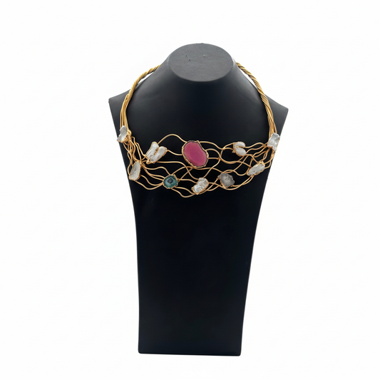 Doğal Taşlı Altın Kaplama Tel Örgü Kolye