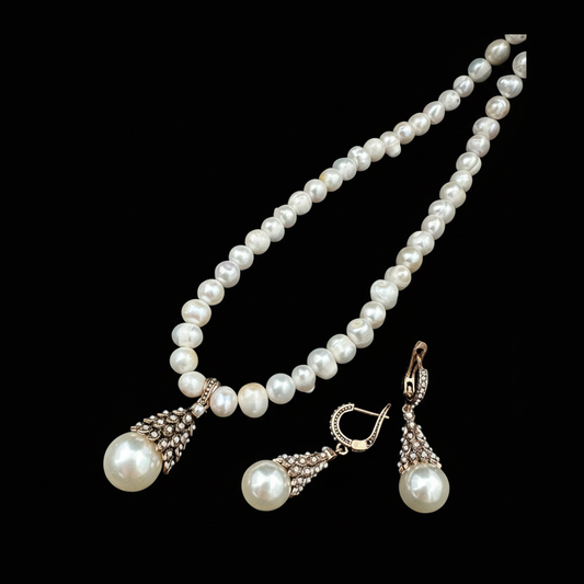 Gerçek İnci Kolye ve Küpe Seti - Parlak Taşlı Damla Tasarım