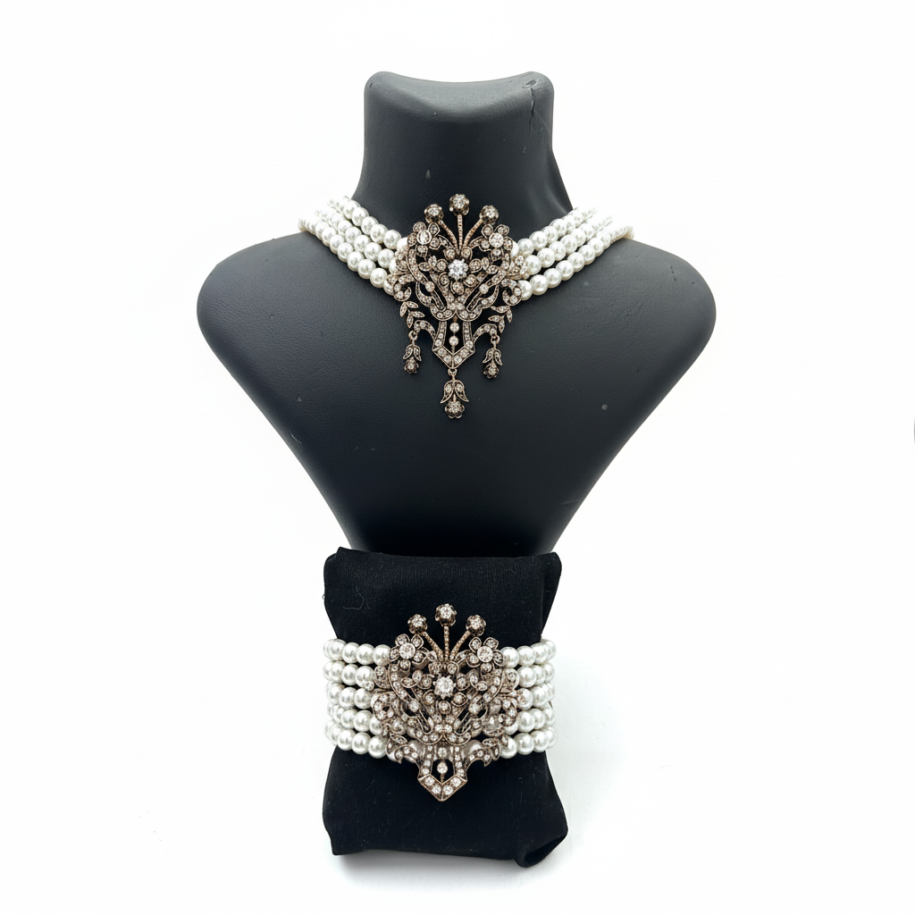 Cam İnci Bronz Taşlı Chocker ve Bileklik Seti