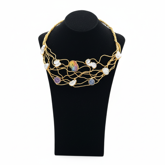 Doğal Taşlı ve İnci Detaylı Altın Kaplama Tel Örgü Kolye