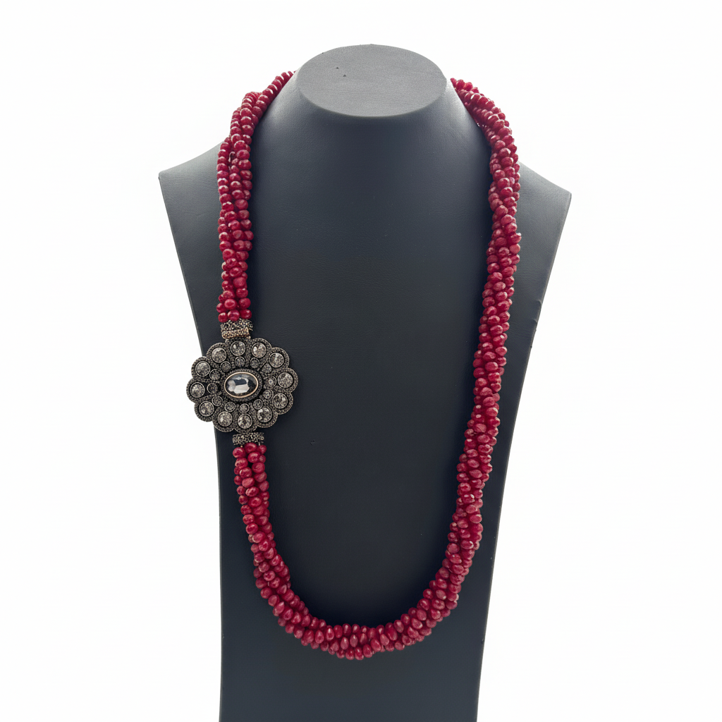 Çok Sıralı Boncuklu Kolye - Bordo Rengi