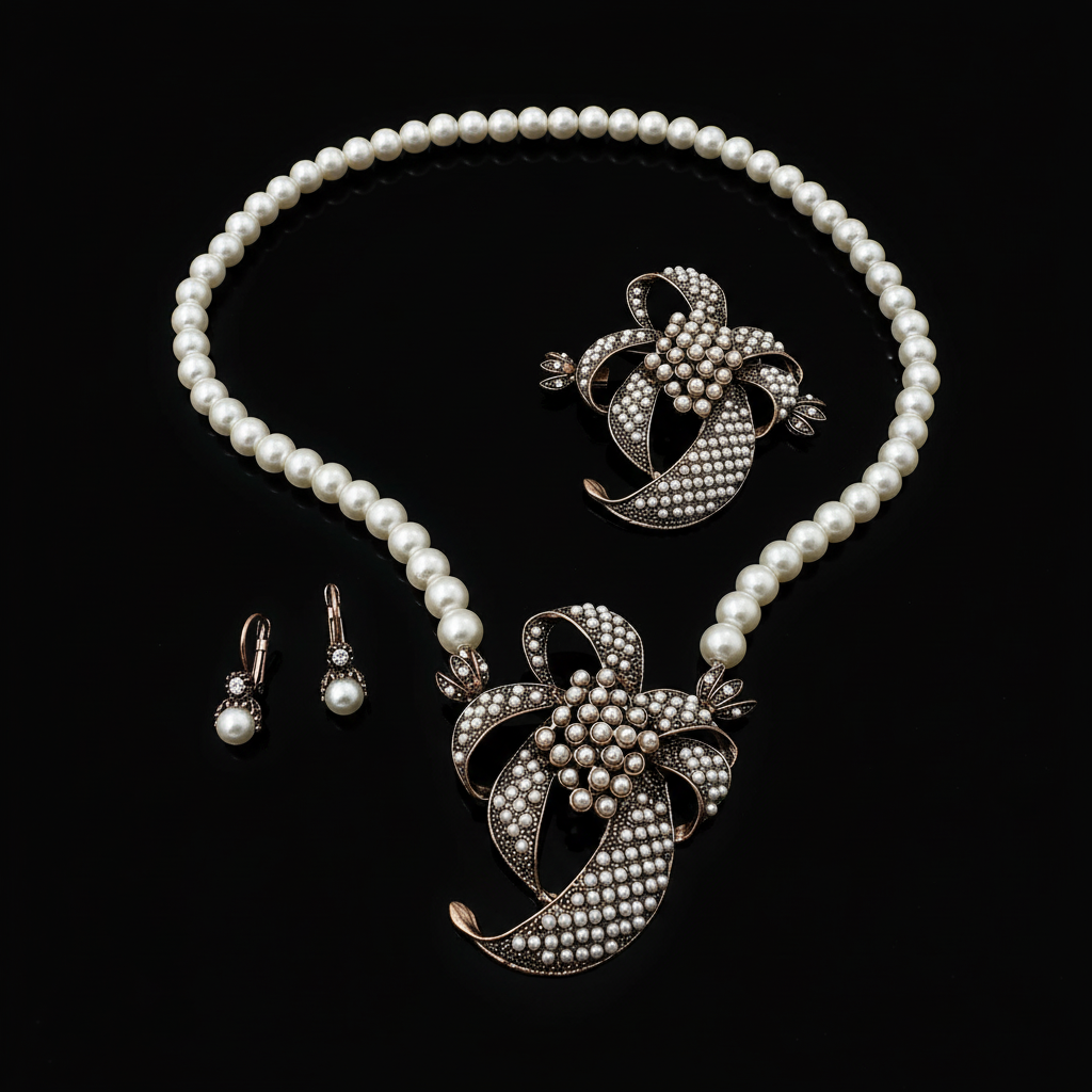 Çiçek broşlu inci takı seti - siyah zemin