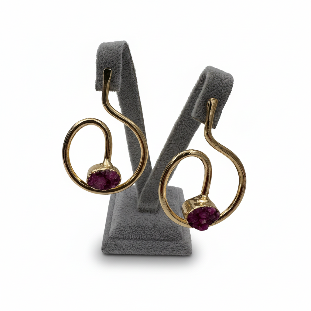 Altın kaplama spiral ametist taşlı küpe