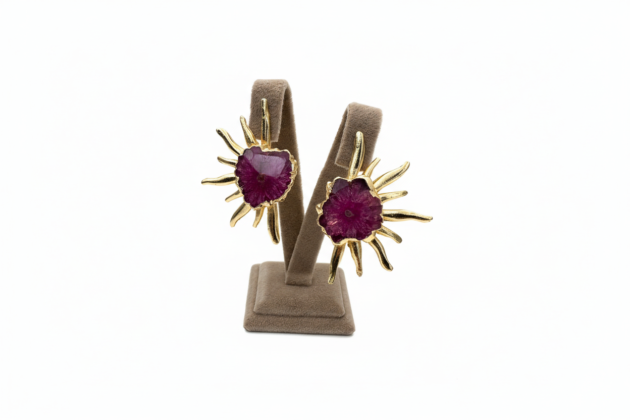 Altın Rengi Mor Çiçek Taşlı Güneş Küpe