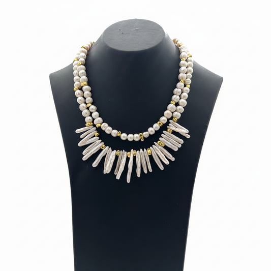 İnci ve Kuvars Detaylı Altın Kaplama Kolye