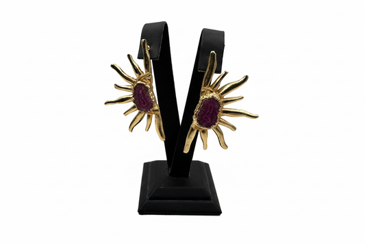 Altın Rengi Mor Taşlı Güneş Halka Küpe