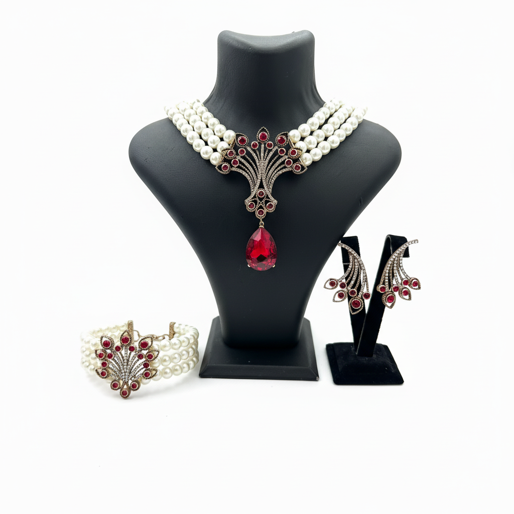 Kırmızı taşlı cam inci takı seti - beyaz zemin