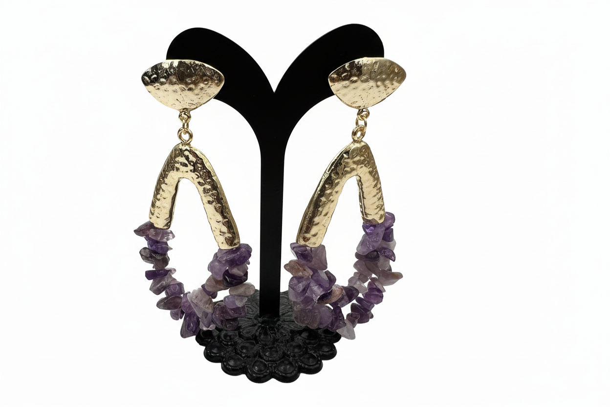 Altın Kemer Mor Ametist Taşlı Küpe