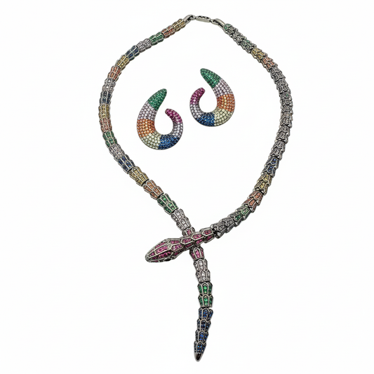 Renkli Zirkon Taşlı Yılan Başlı Kolye ve Küpe Seti - Gümüş Rengi