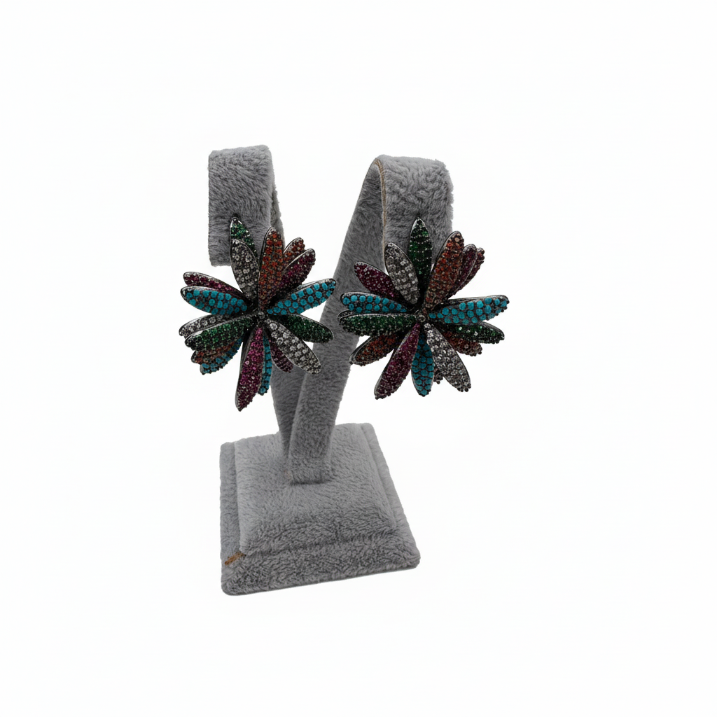 Renkli Taşlı Çiçek Küpe