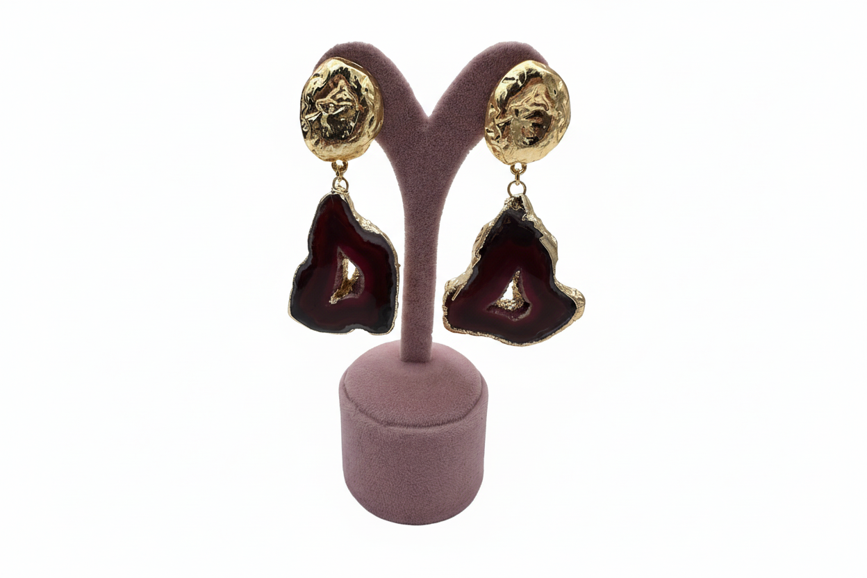 Altın Rengi Mor Doğal Taşlı Küpe