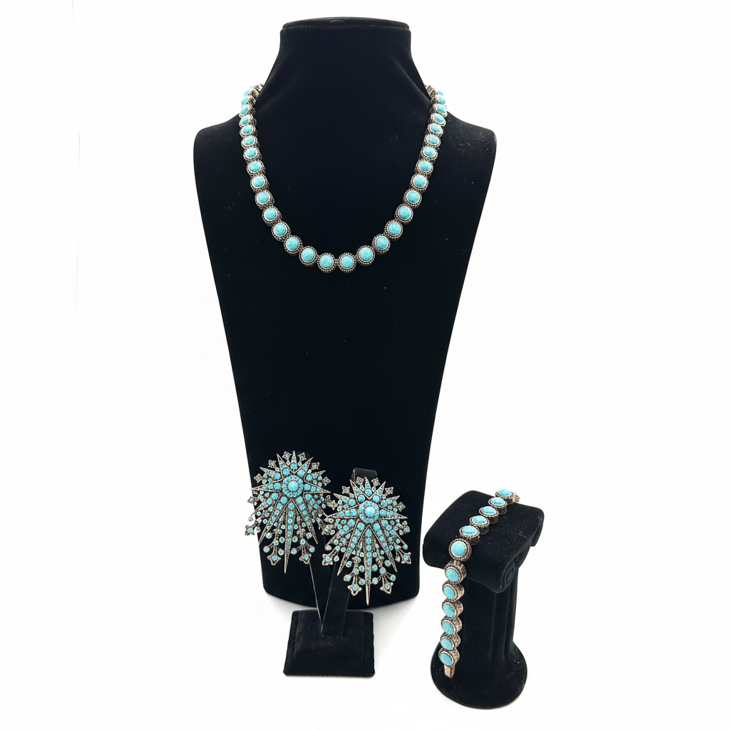 Turkuaz Taşlı Gümüş Rengi Komple Set